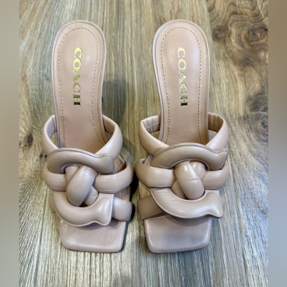 Coach Blush Nude Leather Knotted Mule Heels Square Toe Size 7 - Picture 3 of 9